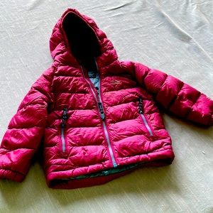 LLBean 12-18 month baby puffer jacket. Bright pink with blue accents